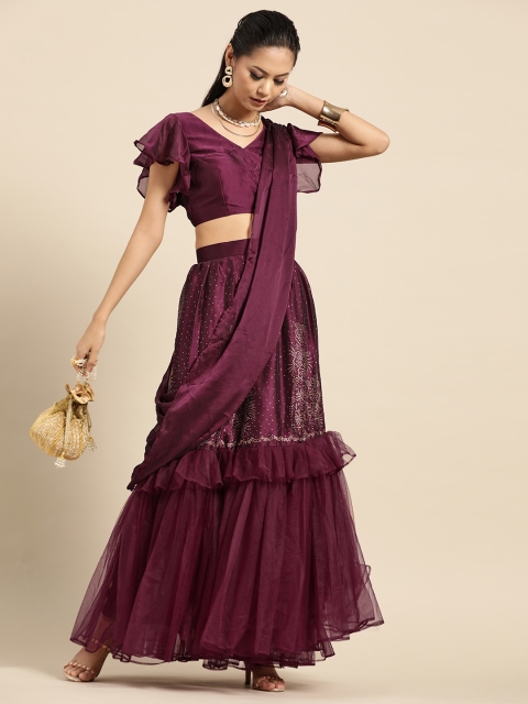 

Tikhi Imli Burgundy Net Ruffled Embellished One Minute Ready-to-Wear Saree