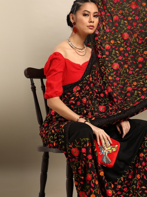 

Tikhi Imli Black & Red Satin Embroidered Saree