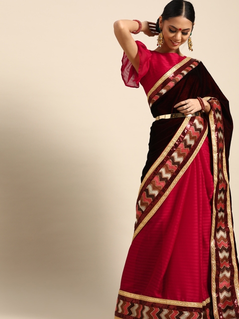 

Tikhi Imli Maroon & Burgundy Velvet & Satin Striped Half & Half Saree