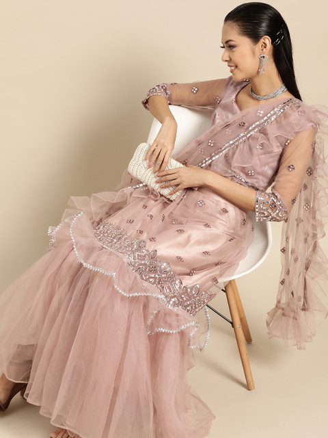 

Tikhi Imli Mauve & Silver Mirror Work Embellished Net Ruffled Ready To Wear Saree