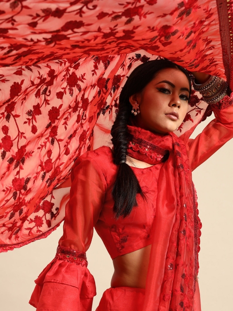 

Tikhi Imli Red Embroidered Organza Heavy Work Saree