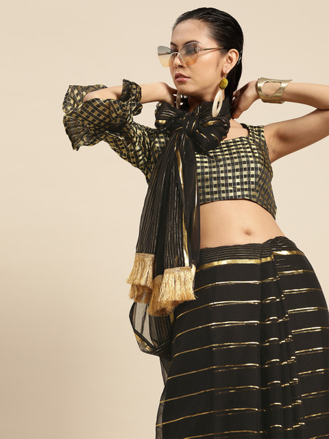 

Tikhi Imli Black & Golden Striped Saree with Stitched Blouse