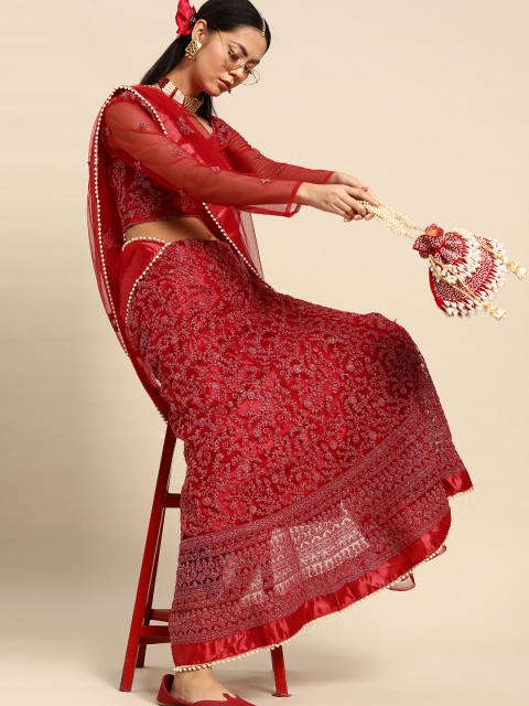 

Tikhi Imli Red Embellished Kantha Work Net Lehenga Saree