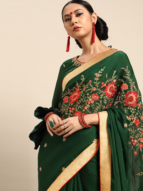 

Tikhi Imli Green & Red Satin Floral Embroidered Saree with Fringes