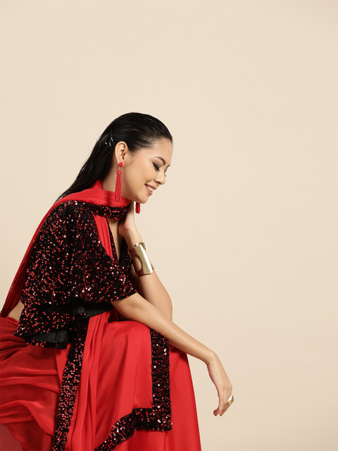 

Tikhi Imli Red & Black Satin Solid Saree