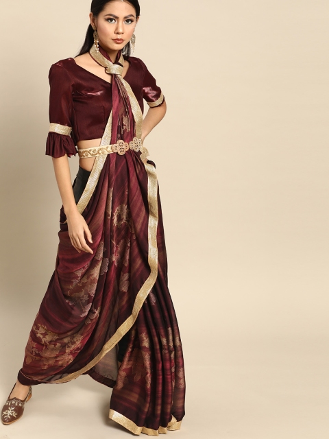 

Tikhi Imli Burgundy Satin Finish Printed Saree