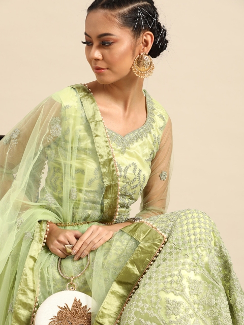 

Tikhi Imli Lime Green Embellished Katha Work Net Lehenga Saree
