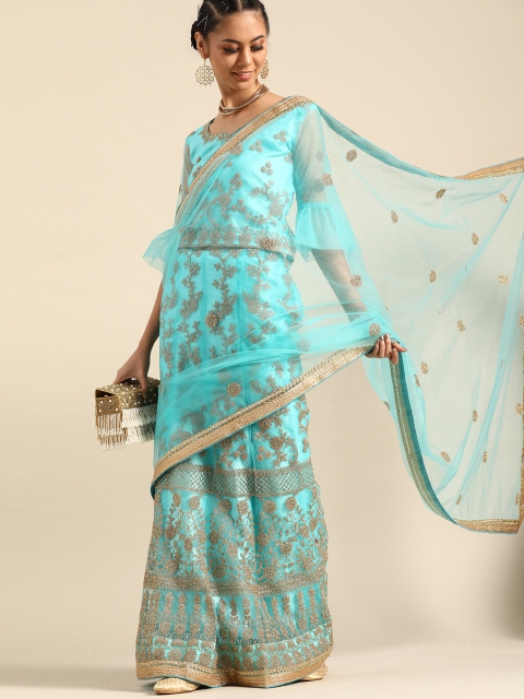 

Tikhi Imli Turquoise Blue & Golden Katha Work Net Embellished Lehenga Saree