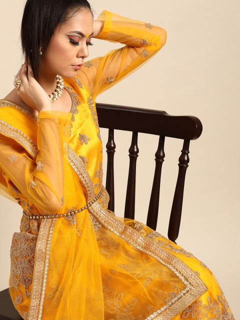 

Tikhi Imli Yellow & Golden Katha Work Net Embellished Lehenga Saree