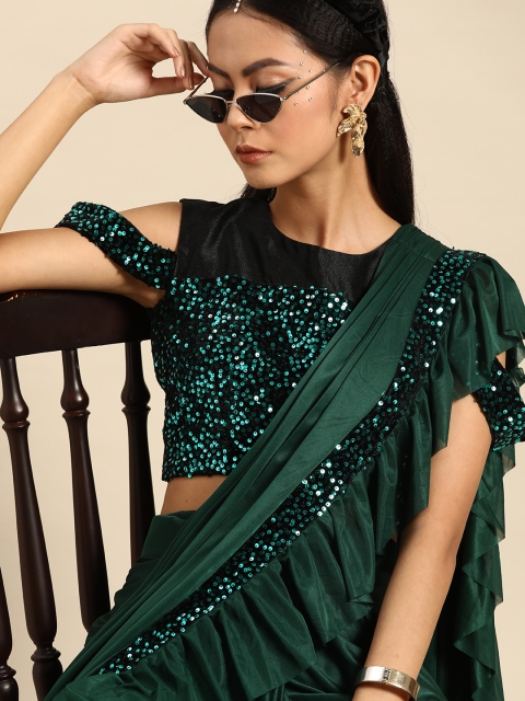 

Tikhi Imli Green Solid Sequinned Ruffled Ready to wear Saree