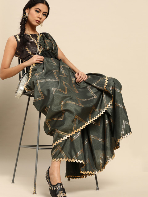 

Tikhi Imli Grey & Golden Foil Printed Saree