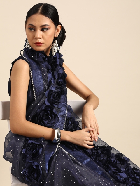 

Tikhi Imli Navy Blue & Silver Organza Applique Flower Embellished Celebrity Saree