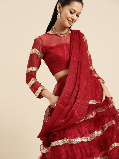 

Tikhi Imli Maroon Solid Ruffled One Minute Ready to Wear Saree