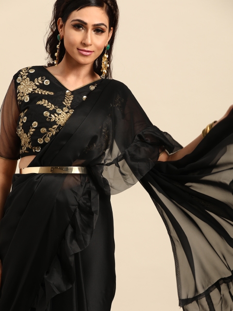 

SHAVYA Black Solid Ruffled Saree
