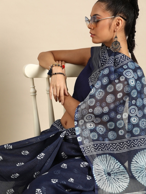 

SHAVYA Navy Blue & Off-White Pure Cotton Indigo Printed Jaali Saree