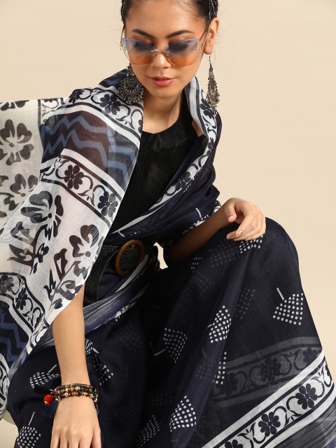

SHAVYA Navy Blue & White Pure Cotton Indigo Printed Saree