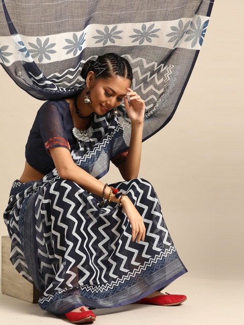 

SHAVYA Navy Blue & Off-White Pure Cotton Indigo Chevron Print Jaali Saree