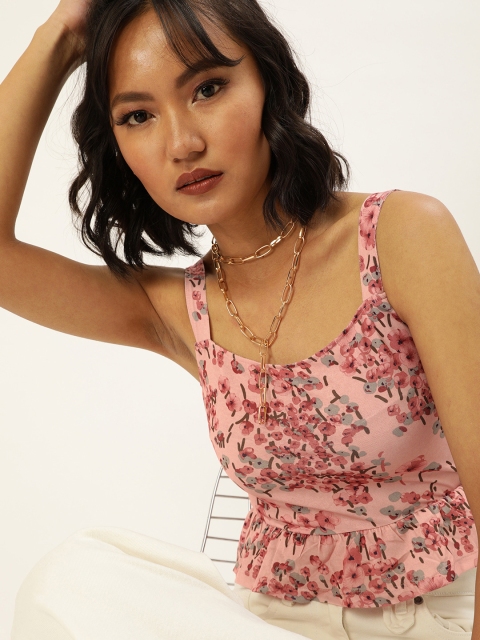 

Veni Vidi Vici Peach and Beige Floral Printed Ruffled Hem Crop Top