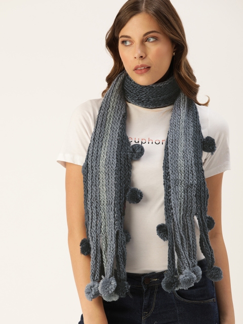 

Ayesha Women Grey & Blue Self Design Scarf with Pompoms