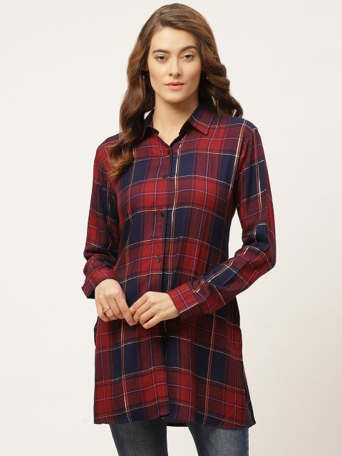 

One Femme Women Red & Navy Blue Regular Fit Checked Casual Shirt