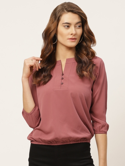 

One Femme Pink Puff Sleeves Crepe Cinched Waist Top