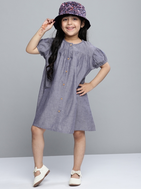 

YK Girls Blue Solid Pure Cotton A-Line Dress with Pleated Detail