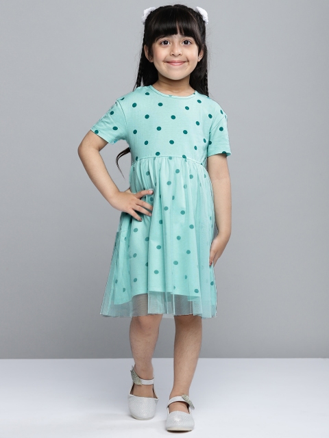 

YK Girls Turquoise Blue Layered Polka Dots Print Fit and Flare Dress