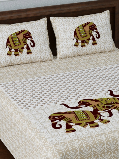 

LIVING ROOTS Beige & Brown Ethnic Motifs 144 TC Cotton 1 Queen Bedsheet with 2 Pillow Covers