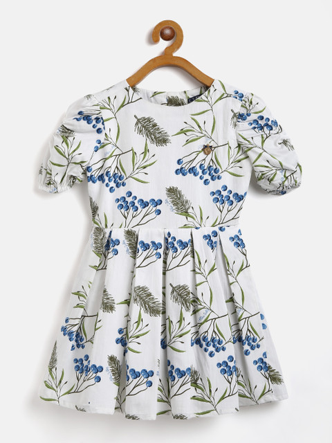 

Allen Solly Junior Girls White & Blue Berry Print Pure Cotton Fit & Flare Dress