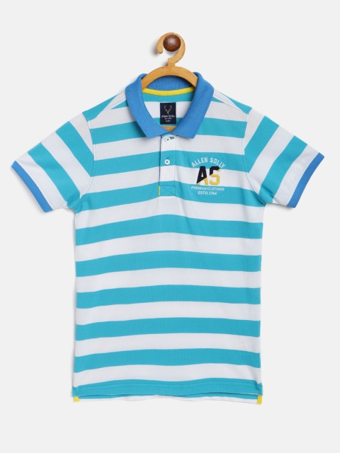 

Allen Solly Junior Boys Blue & White Cotton Striped Polo Collar T-shirt