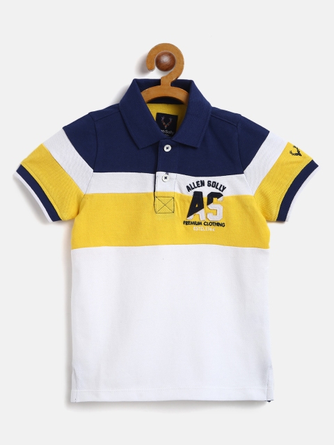 

Allen Solly Junior Boys White & Navy Blue Striped Polo Collar Applique Detail T-shirt