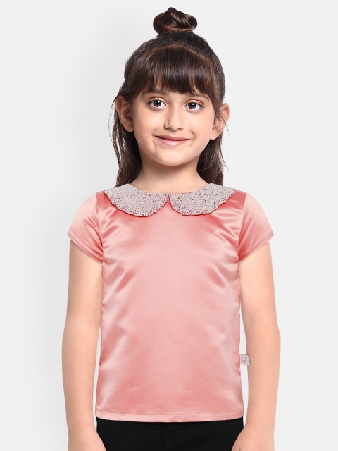 

Allen Solly Junior Girls Pink Solid Satin Finish Regular Top with Studded Peter Pan Collar