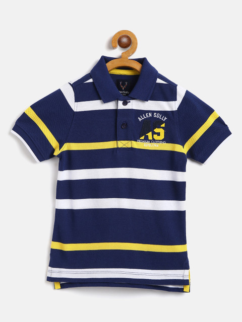 

Allen Solly Junior Boys Navy White Cotton Striped Polo Collar Applique Detail Pure Cotton T-shirt, Navy blue