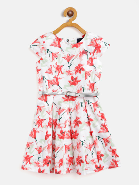 

Allen Solly Junior Girls White & Red Floral Print Cotton Fit & Flare Dress with Belt