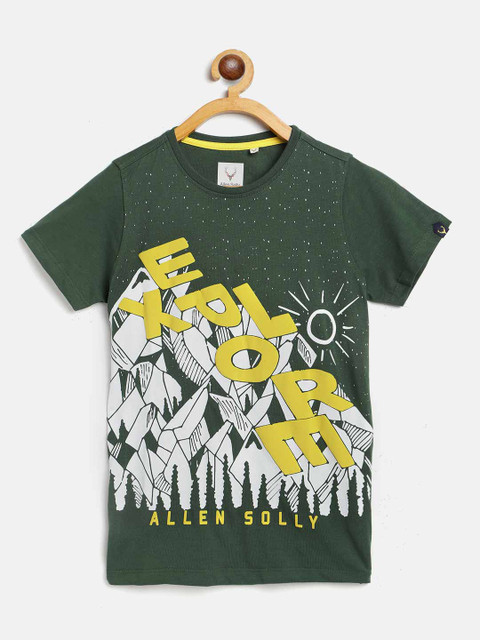 

Allen Solly Junior Boys Olive Green & White Cotton Printed Round Neck T-shirt