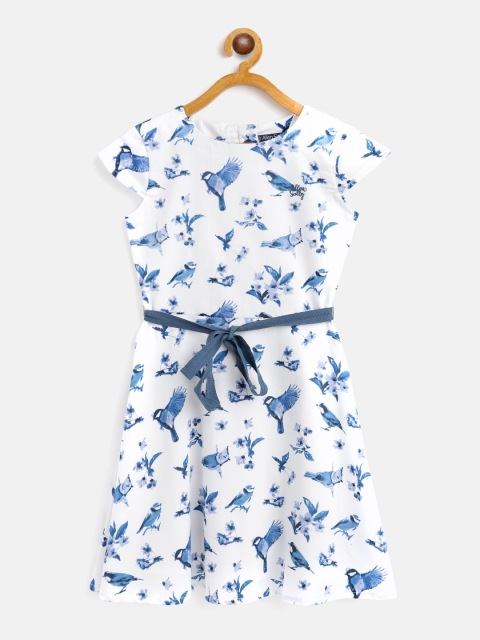 

Allen Solly Junior Girls White & Blue Birds Print Cotton A-Line Dress with Belt