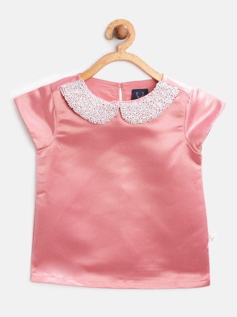 

Allen Solly Junior Girls Pink Solid Satin Finish Regular Top with Studded Peter Pan Collar