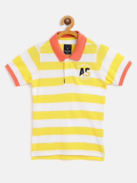 

Allen Solly Junior Boys Yellow & White Cotton Striped Polo Collar T-shirt