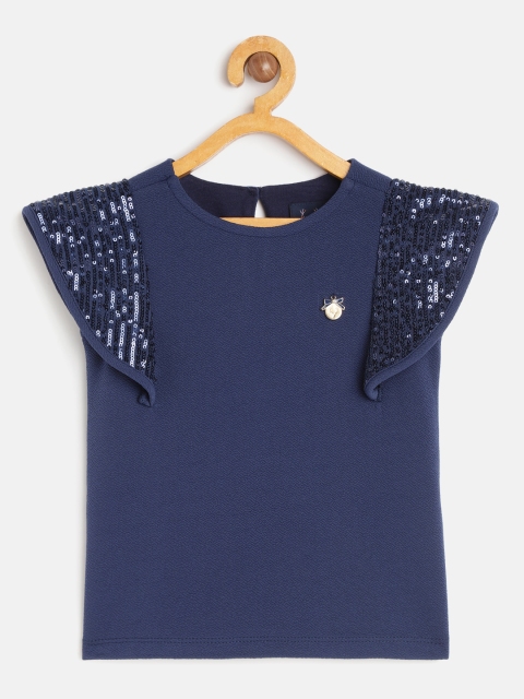 

Allen Solly Junior Girls Navy Blue Solid Regular Top with Sequined Sleeves