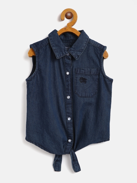 

Allen Solly Junior Girls Navy Blue Cotton Chambray Casual Shirt with Tie-Up