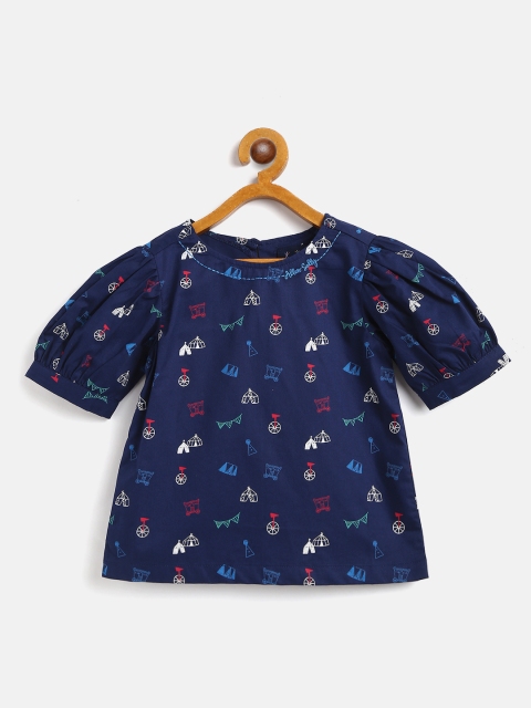 

Allen Solly Junior Girls Navy Blue & White Cotton Circus Print Puff Sleeves Top