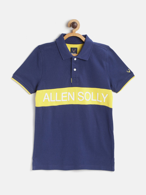 

Allen Solly Junior Boys Navy Blue & Yellow Brand Logo Polo Collar T-shirt
