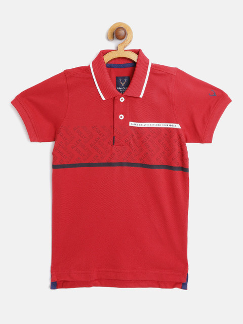 

Allen Solly Junior Boys Red Pure Cotton Brand Logo Printed Polo Collar T-shirt