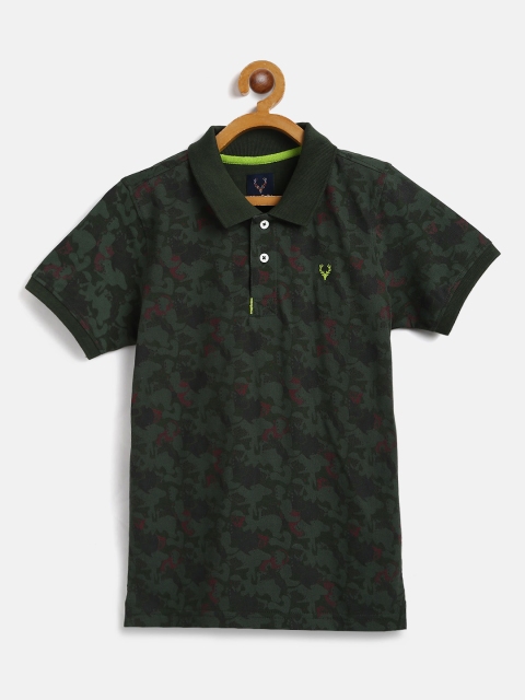 

Allen Solly Junior Boys Olive Green Rust Red Cotton Camouflage Print Polo Collar Pure Cotton T-shirt
