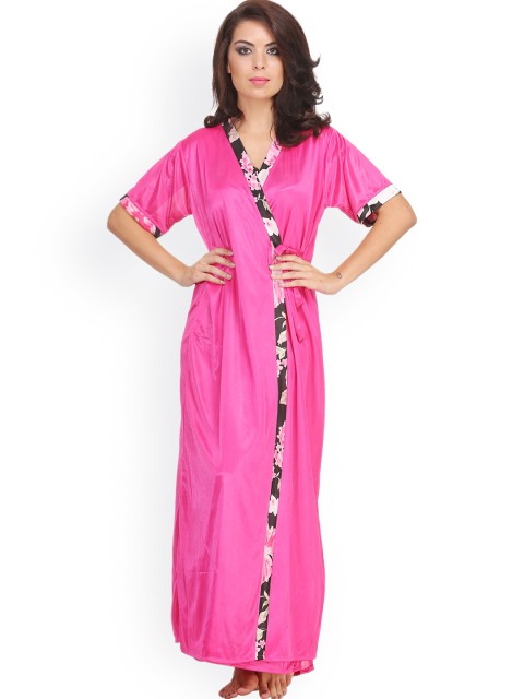 

Clovia Pink Satin Maxi Nightdress with Robe NSH006P13O