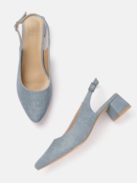 

her by invictus Women Blue Self Design Heeled Mules