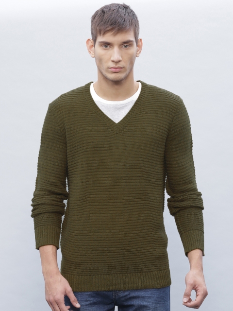 

ether Men Olive Green Self-Design Sweater