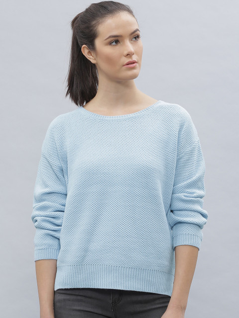 

ether Women Blue Self-Design High-Low Hem Sweater