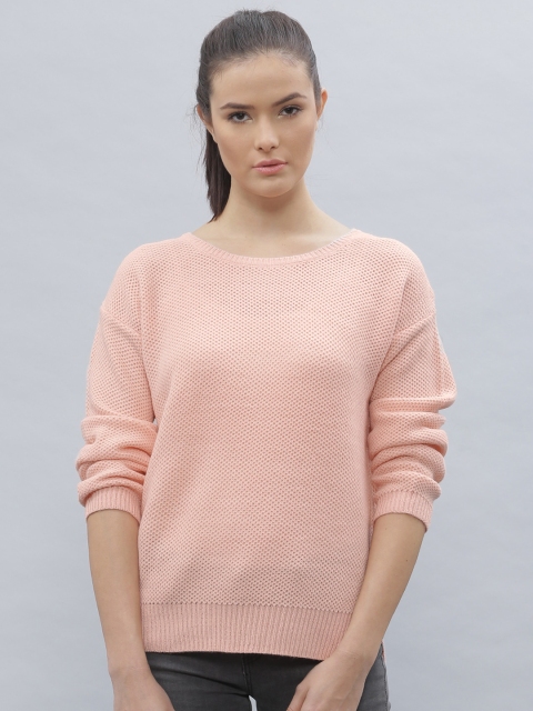 

ether Women Pink Self-Design High-Low Hem Sweater
