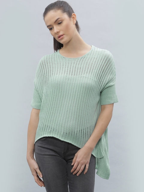 

ether Women Green Self-Design High-Low Hem Sweater